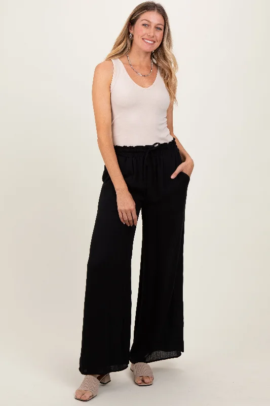 Black Ruffled Drawstring Waist Wide Leg Pants Slim-Fit Khaki Pants