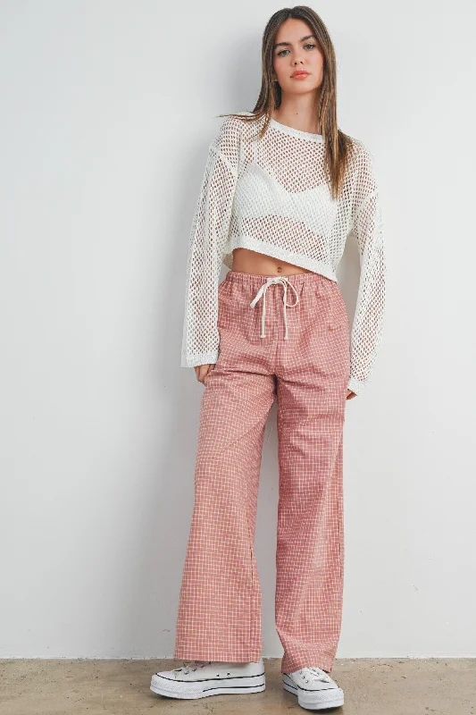 Pink Drawstring Checker Plaid Pants Fashionable Track Pants