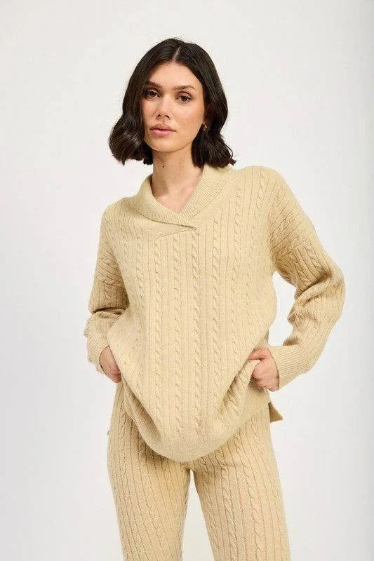 Emory Park Cable Knit Collared Sweater Top Modern Contemporary Chic