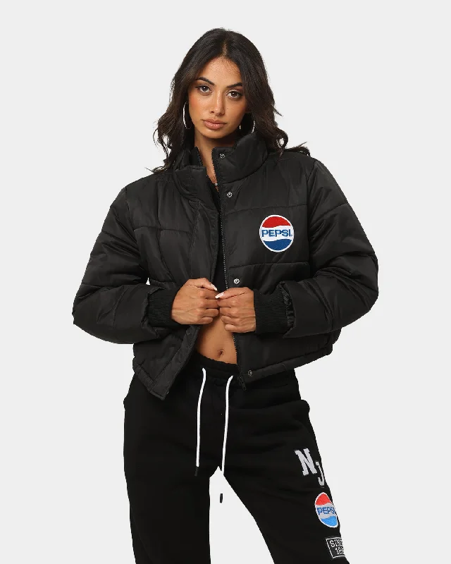 Nana Judy Women's Pepsi Crop Puffa Jacket Black Zip Front Button Front Snap Front