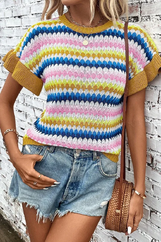 Trimmed Ruffle Sleeve Colorful Textured Sweater Oversized Loose Flowy