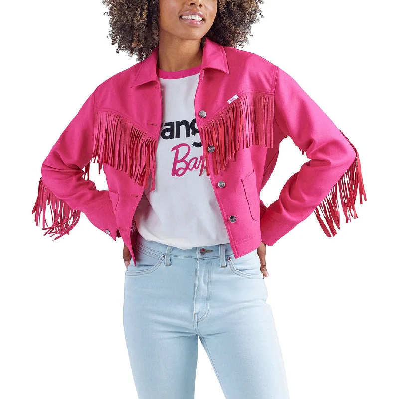 Wrangler X Barbie Womens Fringe Wrancher Jacket A-Line Jacket Boat Neck Shawl Collar
