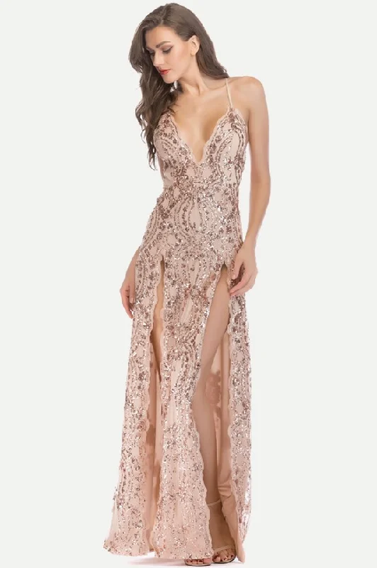 Sequin Slit Glitter Maxi Evening Party Dress Satin Halter Glamorous