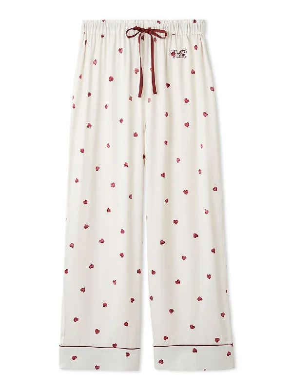 Heart Pattern Satin Pajama Pants Classic Pleated Pants