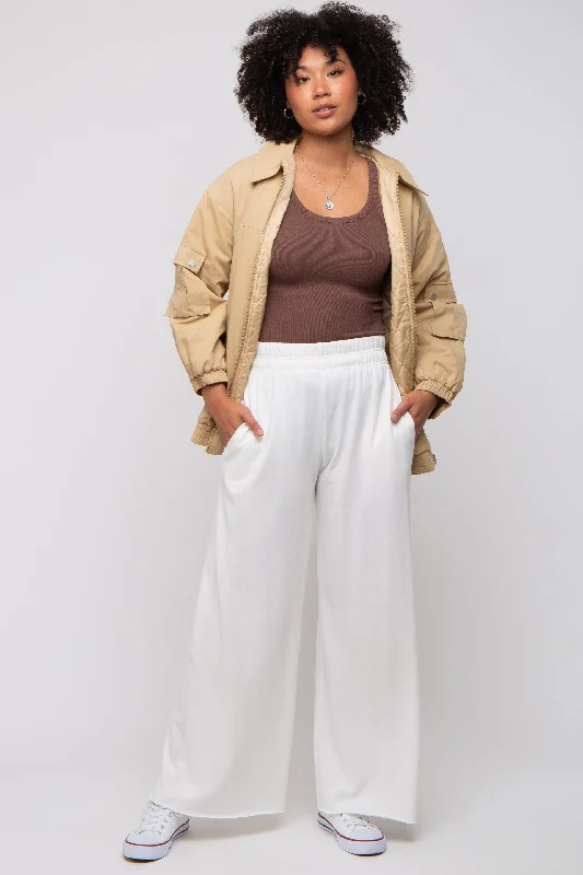Ivory Soft Fleece Wide Leg Lounge Pants Comfortable Denim Pants