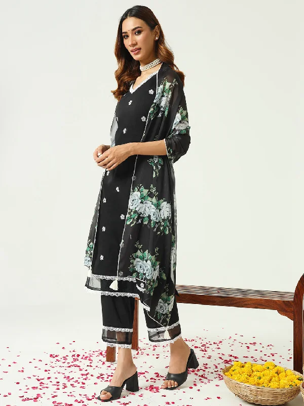 Black Designer Readymade Cotton Pant Suit With Designer Printed Work Fashionable Tapered Leg Pants