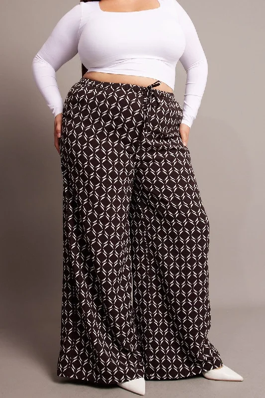 Brown Geo Wide Leg Pants High Rise Fashionable Jogger Pants