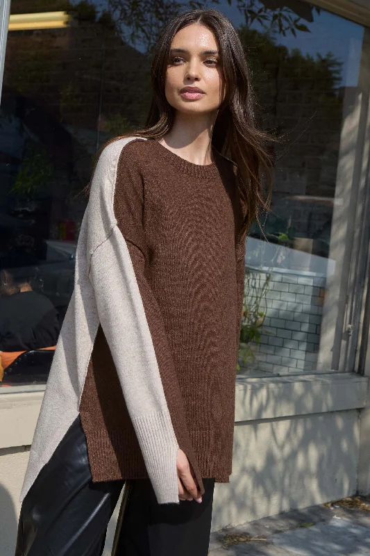 Split Decision Colorblock Knit High-Low Sweater Notch Collar Peter Pan Collar Cowl Neck