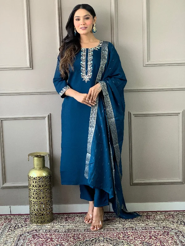 Blue Attractive Looking Redaymade Pant Suit With Designer Embroidery Work Cozy Full-Length Pants