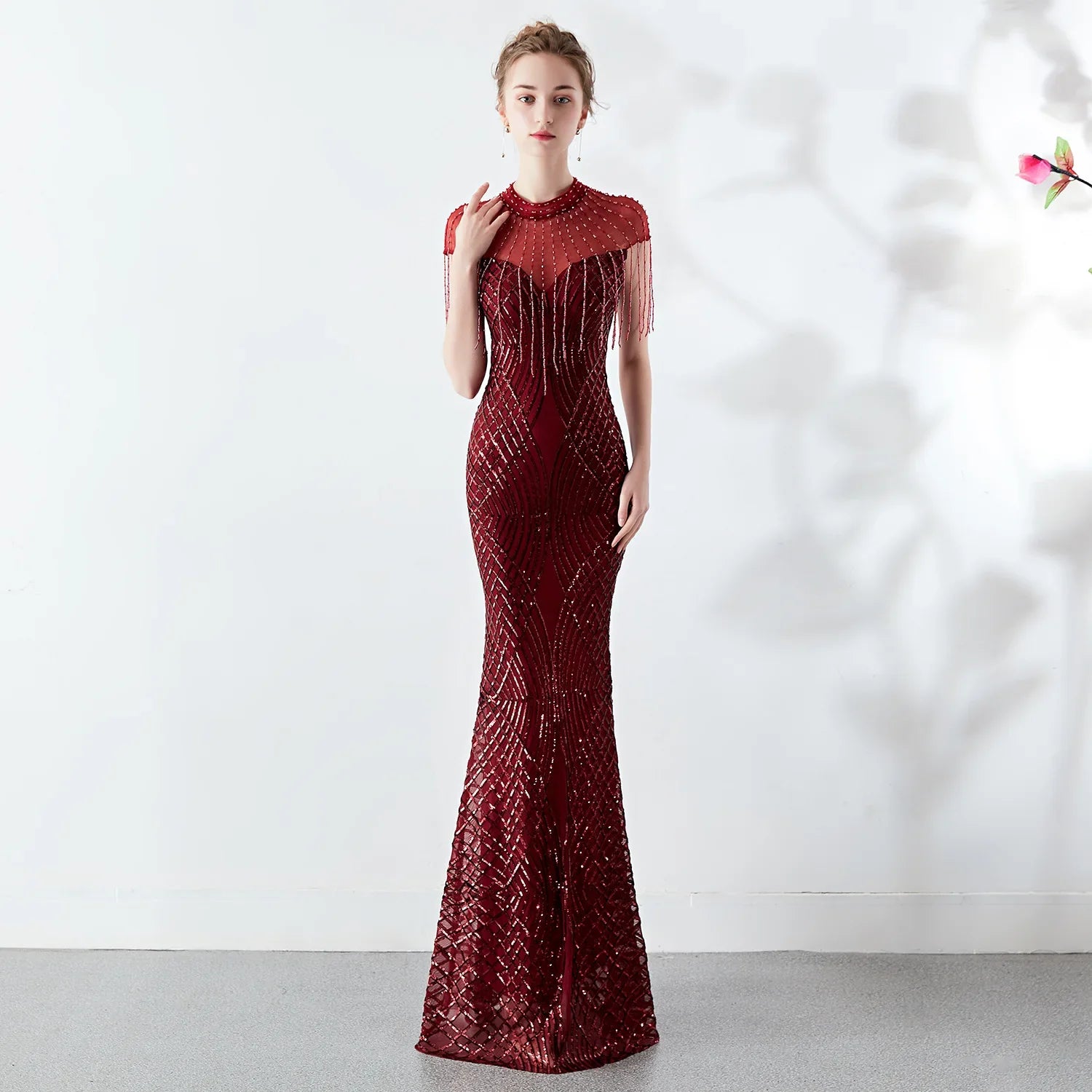 Burgundy Sequin Evening Dress Elegant Beading Long Party Dress Halter Neckline Beach
