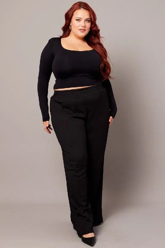 Black Wide Leg Pants Elasticated Waist Classic Cropped Pants
