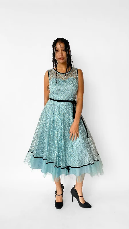 1950s Blue Lace Tulle Cupcake Party Dress , sz. S Satin Halter Glamorous