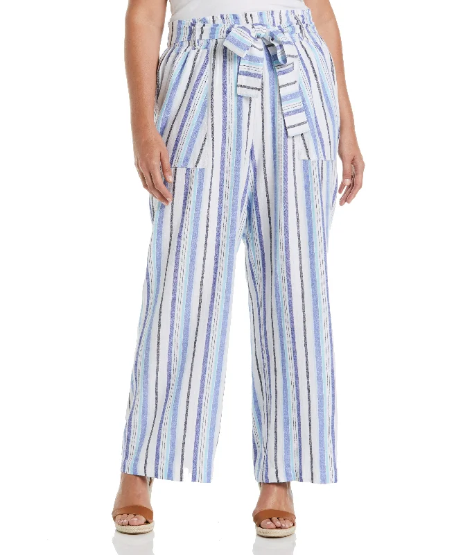 Plus Size Stripe Wide Leg Linen Blend Paper Bag Pant Casual Lounge Pants