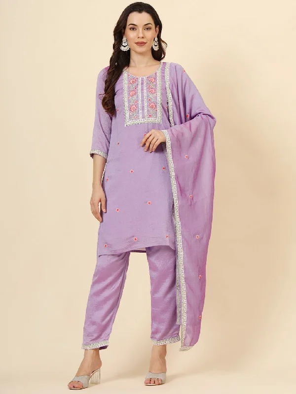 Purple Designer Readymade Pant Suit With Designer Embroidery Work Classic Straight-Leg Pants