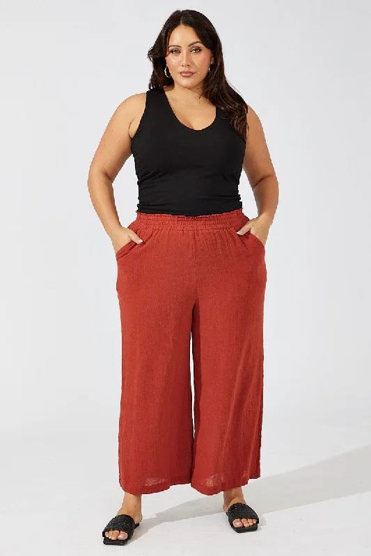 Brown Wideleg Pants Cotton Elastic Waist Textured Trendy Work Pants
