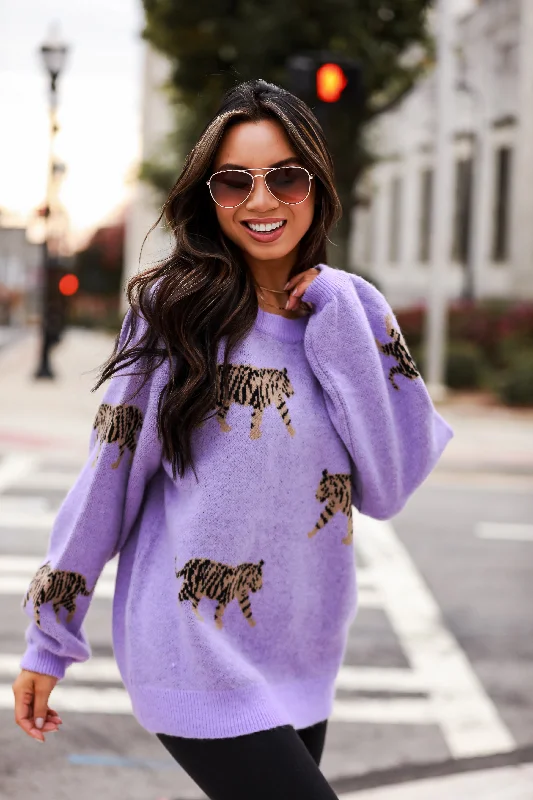 FINAL SALE - Tame My Heart Lavender Tiger Oversized Sweater Anti-Pilling Anti-Shrink Durable