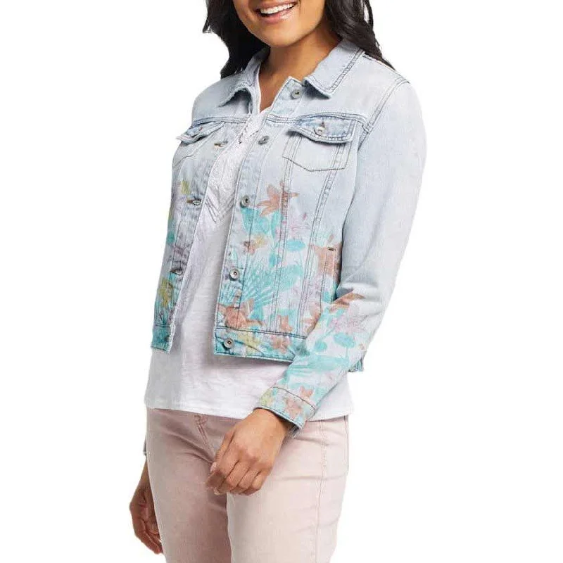 Tribal Women's Floral Printed Hem Jean Jacket A-Line Jacket Boat Neck Shawl Collar