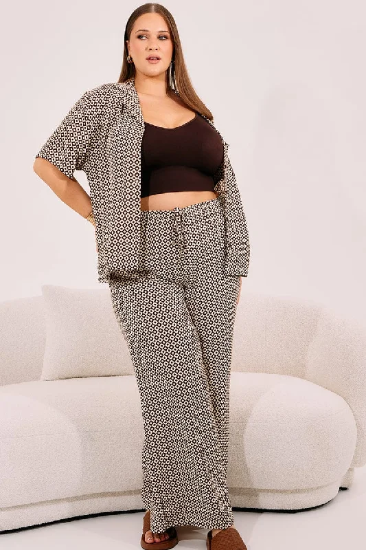 Brown Geo Drawstring Waist Wide Leg Pants Classic Straight-Leg Pants