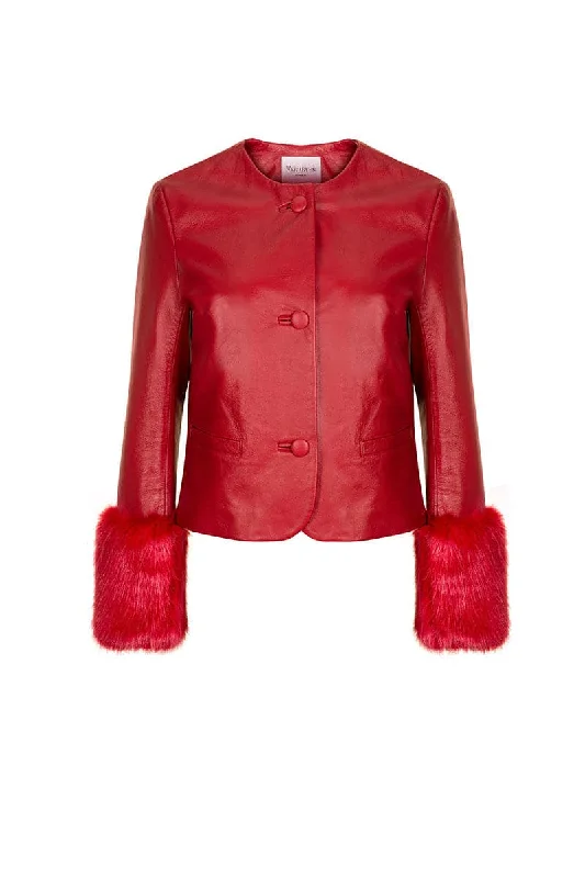 VITA CROPPED FAUX FUR JACKET IN RED Front Pockets Side Pockets Patch Pockets
