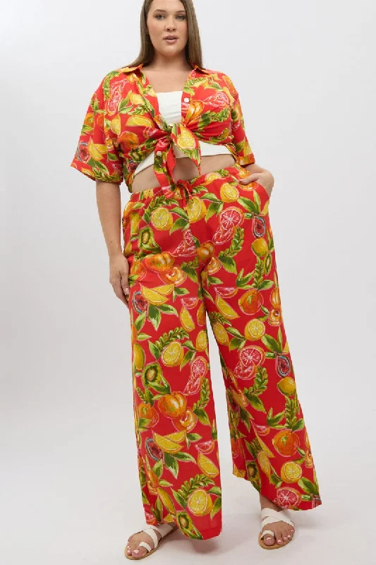 Red Abstract Elastic Waist Wide Leg Pants High-Waist Yoga Pants