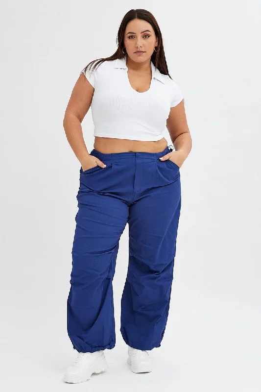 Blue Parachute Cargo Pants Low Rise Comfortable Pleated Pants