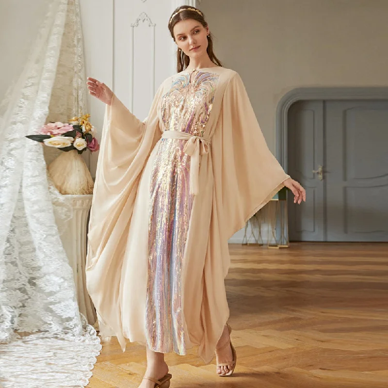Beige Butterfly-Sleeve Colorful Squins Party Dress Middle East Ramadan Muslim Dress Arab Chiffon Belt Bow Vestioes Tunics Winter warm