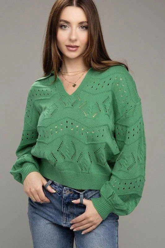 Hole-knit collared sweater Ribbed Striped Patterned
