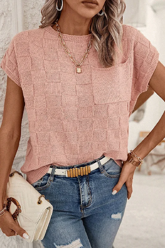 Lattice Textured Knit Short Sleeve Sweater Open Front Closed Front Wrap Front
