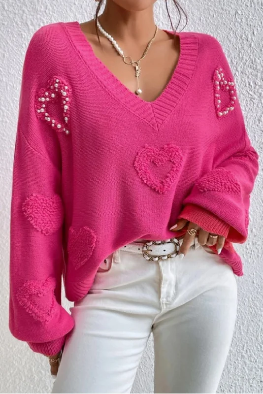 Rose Red Pearl Embellished Fuzzy Hearts V Neck Sweater Graphic Sweater Embroidered Appliqued