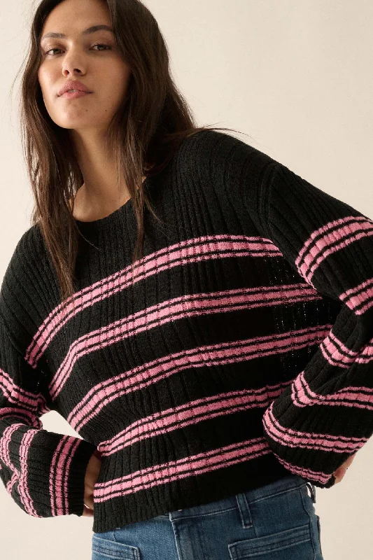 Rule the World Striped Ribbed Knit Sweater Satin Blend Silk Blend Wool Blend