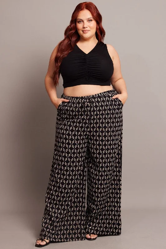 Black Geo Wide Leg Pants High Rise Classic Chino Pants