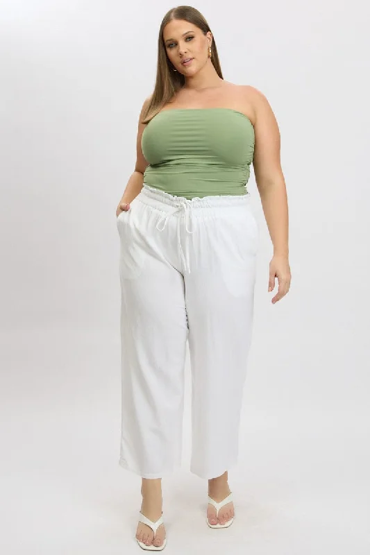 White Wideleg Pants Paperbag Elastic Waist Linen Blend Slim-Fit Leggings