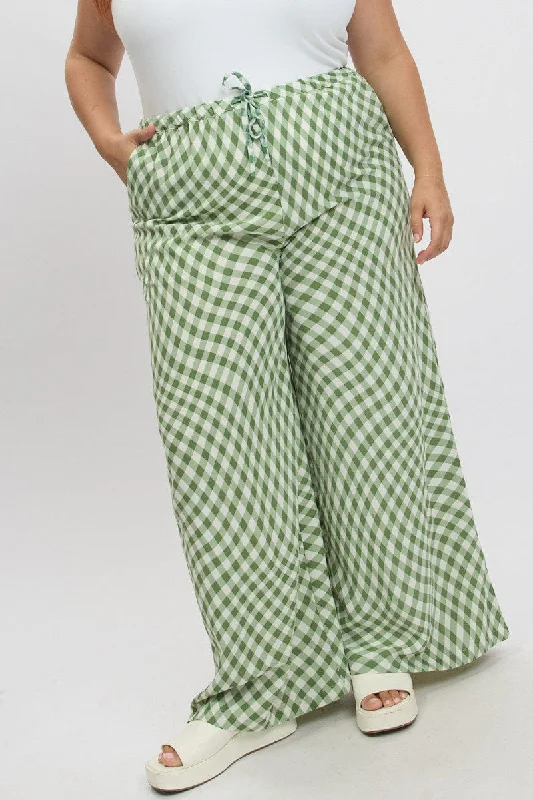 Green Check Drawstring Waist Wide Leg Pants Classic Pleated Pants