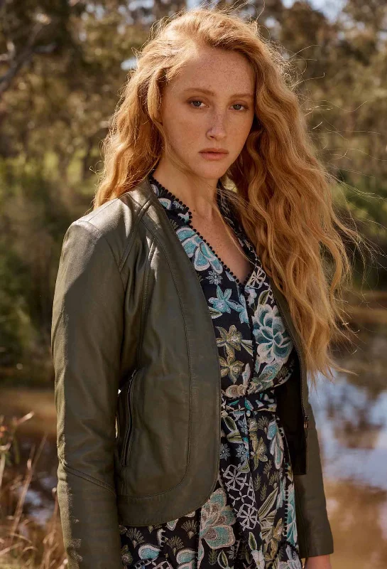 Once Was - Nova Curved Leather Jacket in Moss Mesh Jacket Canvas Jacket Denim Jacket Once Was - Nova Curved Leather Jacket in Moss Mesh Jacket Canvas Jacket Denim Jacket