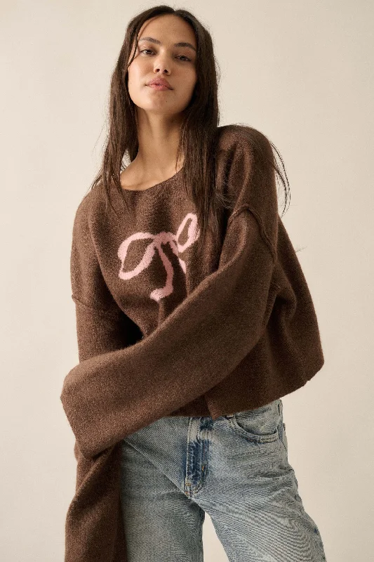 Let It Bow Exposed-Seam Bow Jacquard Knit Sweater Front Pockets Side Pockets Patch Pockets