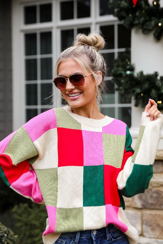 FINAL SALE - Comfiest Trend Checkered Oversized Sweater Mesh Blend Leather Blend Suede Blend
