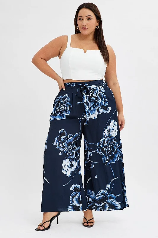 Blue Abstract Wideleg Pants Tie Waist Crepe Casual Sweatpants Style