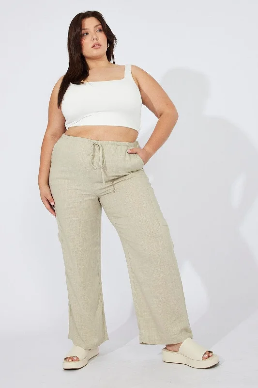 Green Wide Leg Pants Mid Rise Linen Blend Comfortable Wide-Leg Pants