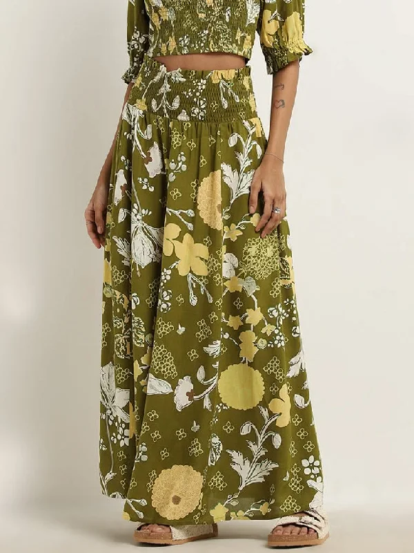 Bombay Paisley Olive Foliage Design High-Rise Skirt ribbed skirt waist