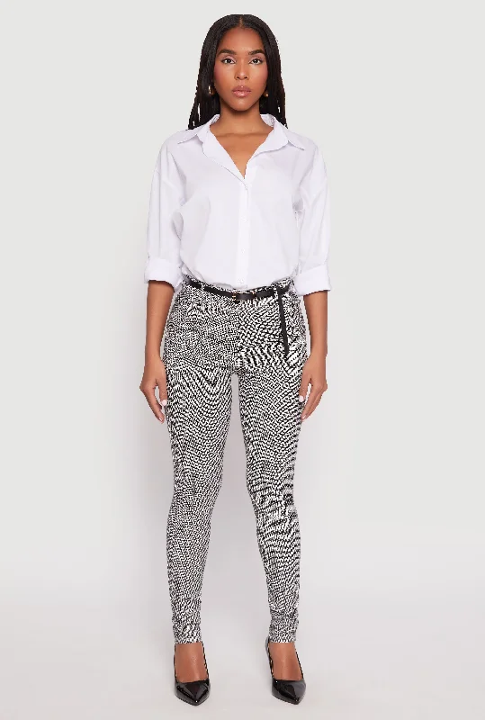 Printed Pattern Belted Pants Stylish Paperbag Waist Pants