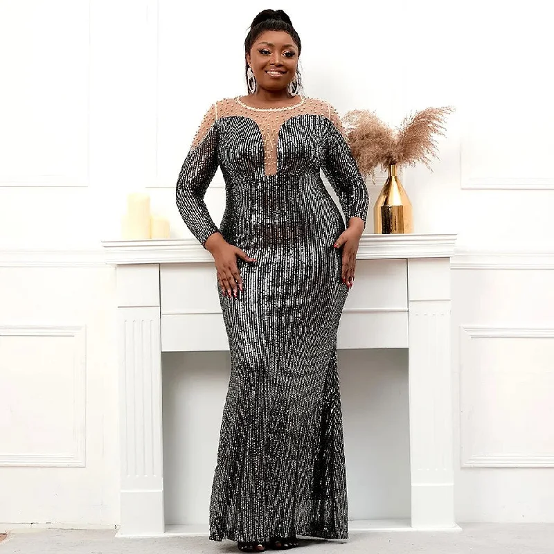 Plus Size Stretch Sequin Maxi Dress Pearls Full Sleeve See Through Mermaid Evening Night Long Party Dress Tunics Floral girly