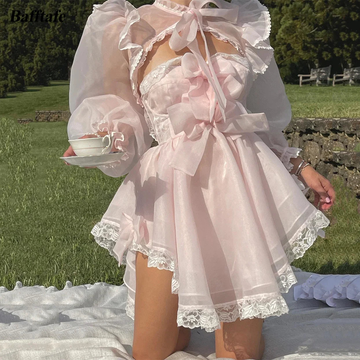 StoreXQ -  Fairy A Line Pink Organza Short Prom Dresses Puff Long Sleeves Lace Bow Formal Occasion Party Dress Wedding Gowns Tunics Essential wardrobe