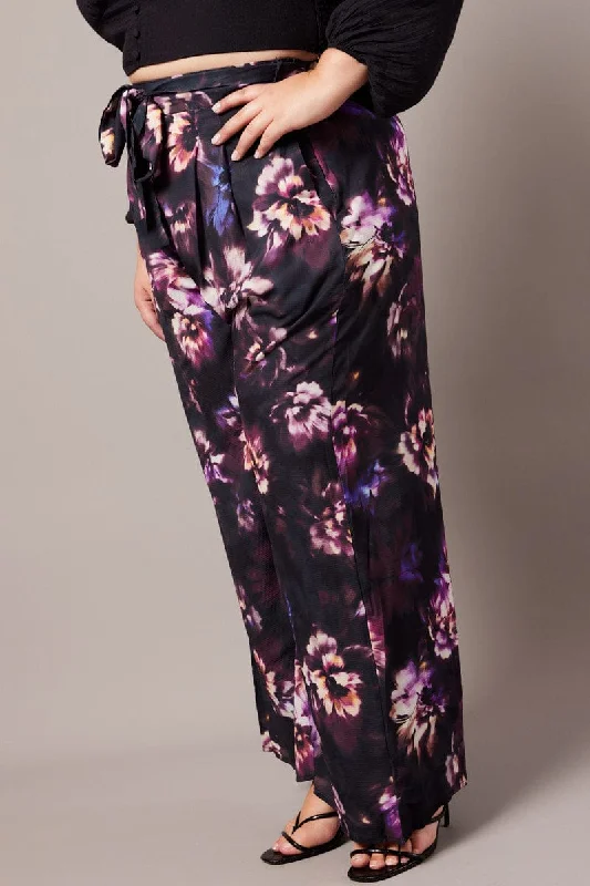 Black Floral Wide Leg Pants Belted Warm Wool Trousers