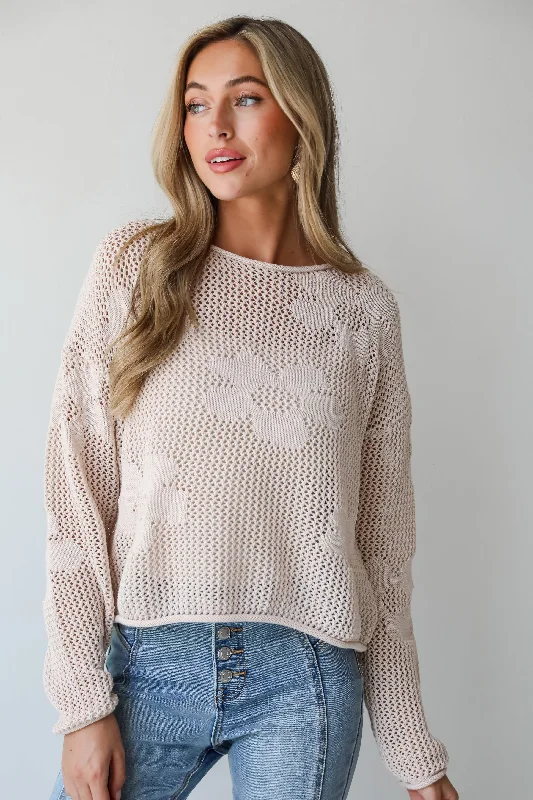 Darling Forecast Beige Floral Lightweight Knit Sweater Casual Formal Business