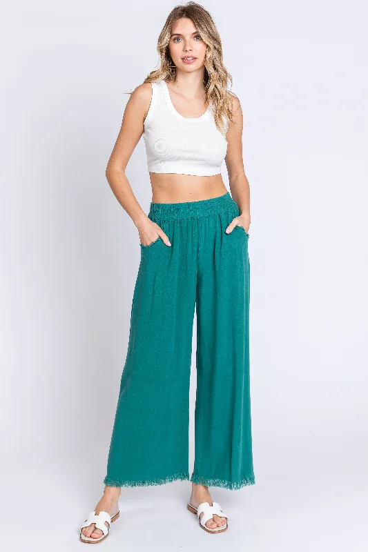 Teal Linen Frayed Hem Crop Pants Chic Wool Trousers