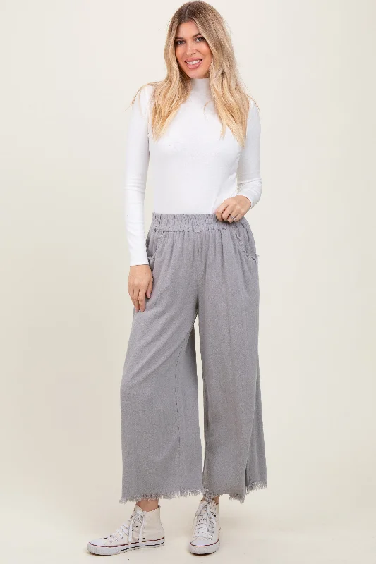 Grey Linen Frayed Hem Crop Pants Comfortable Jogger Trousers