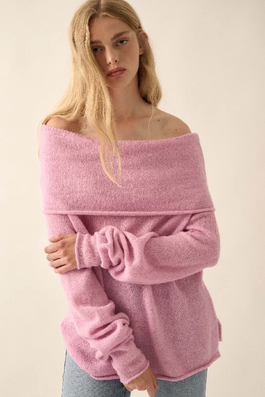 Enjoy the Moment Off-Shoulder Foldover Sweater Fleece Fabric Down Fabric Feather Fabric