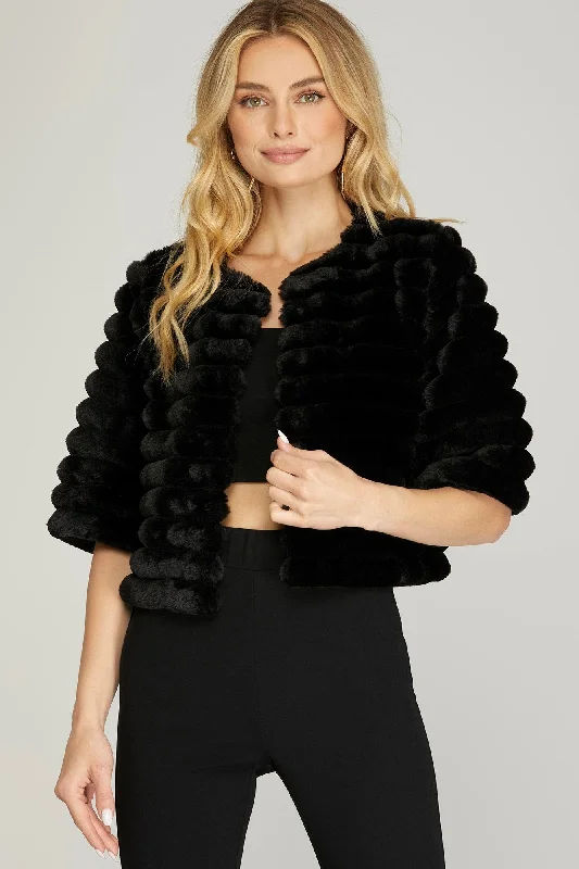 Half Sleeve Faux Fur Crop Jacket Cardigan Sweater Pullover