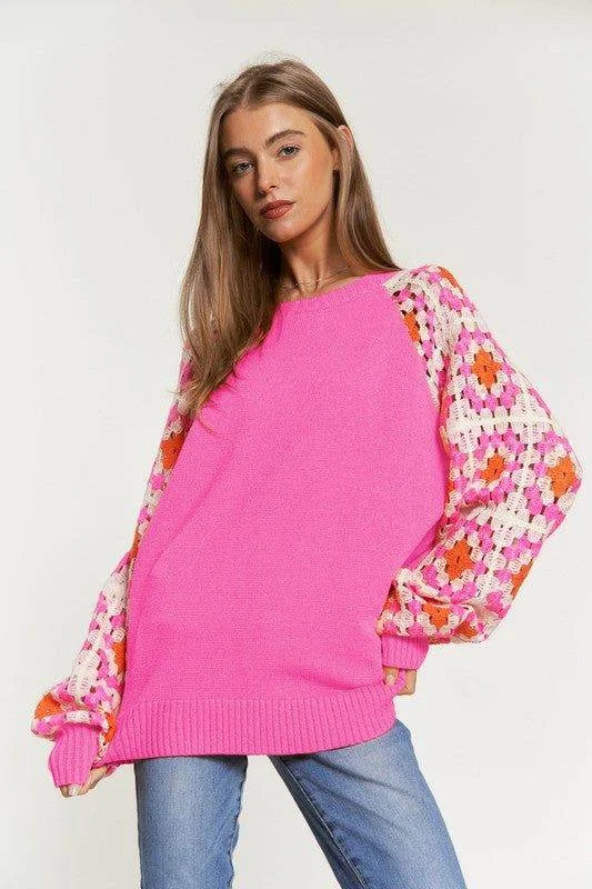 Davi & Dani Crochet Detailed Long Sleeve Knit Sweater Top Lace Blend Ribbed Blend Corduroy Blend