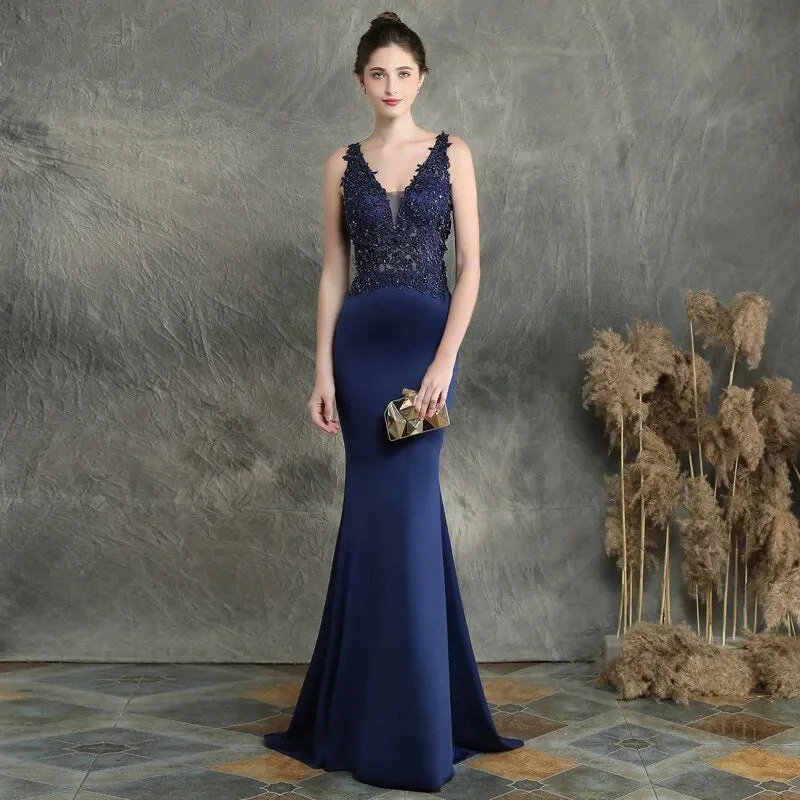 Navy Blue V-neck Appliques Beaded Long Evening Dress See through Elegant Evening Party Dress Tunics Long Elegant